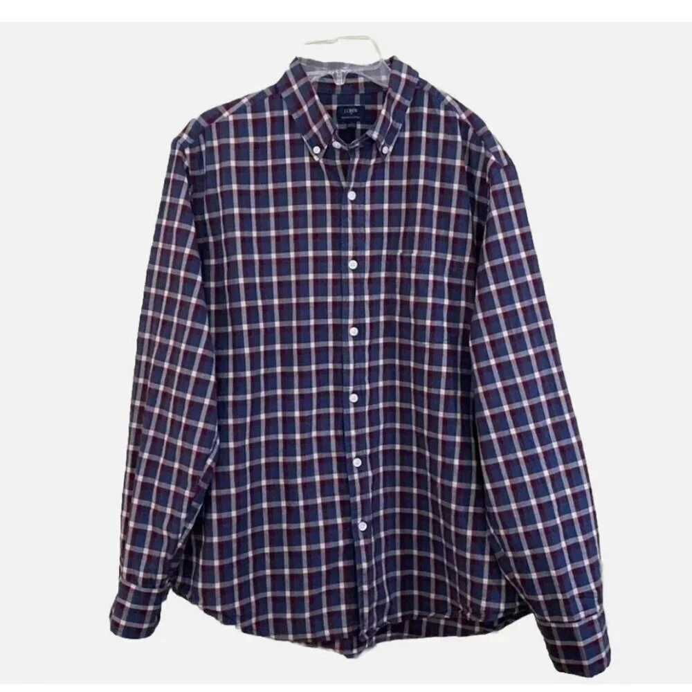 J.Crew Men's Heathered Cotton Blue Red White Plaid Pocket Button Up Shirt Size L